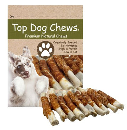Chicken Wrapped Rawhide Rolls - All Natural Gluten Free Dog Treats - North American Made - 25 Pack - Top Dog Chews