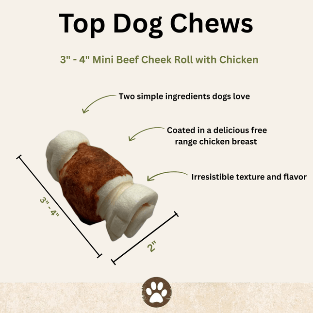 Mini Beef Cheek Rolls with Chicken Wrapped 3" - 4" - 10 Pack - Top Dog Chews