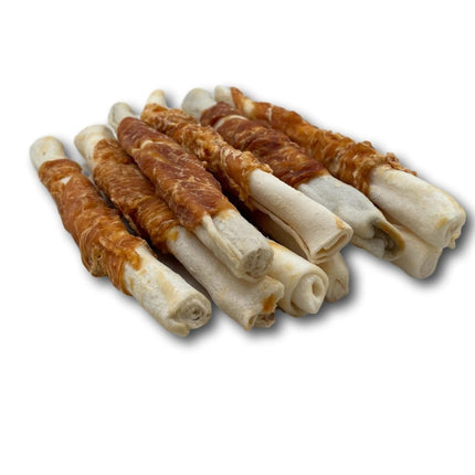 Chicken Wrapped Rawhide Rolls - All Natural Gluten Free Dog Treats - North American Made - 25 Pack - Top Dog Chews